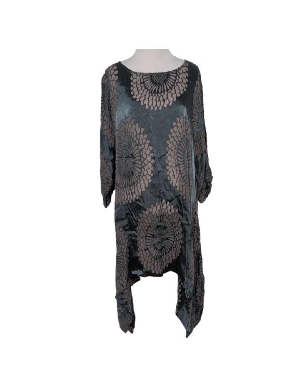 Grizas Floral Tunic Womens Size Large Green Sheer Rayon Silk Handkerchieft Hem S